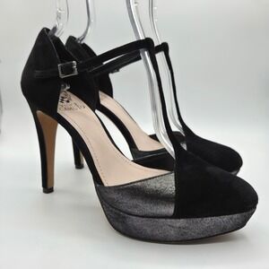 Vince Camuto T-Strap Pumps Women 8.5 Black Silver Suede Metallic Platform Glam